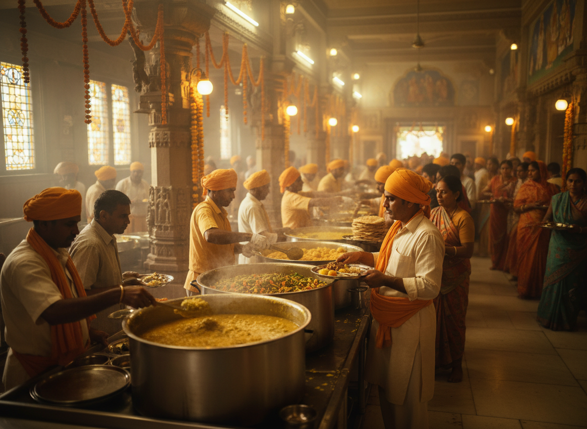 A warm free community kitchen inside an Indian temple, volunteers serving fresh vegetarian food into steel plates, golden light and saffron tones.