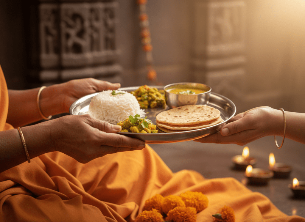 Loving hands offering a steel plate of fresh Indian vegetarian food to an outstretched hand, warm golden light and marigold flowers.